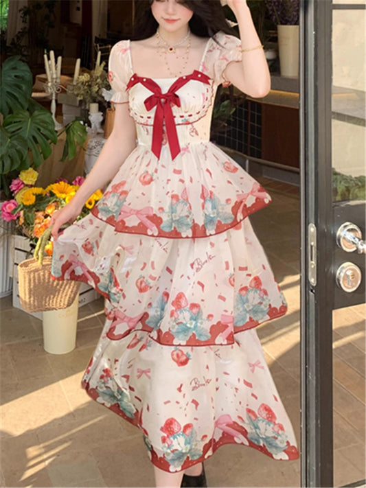Süßes Chiffonkleid mit quadratischem Ausschnitt und Aufdruck RF0645