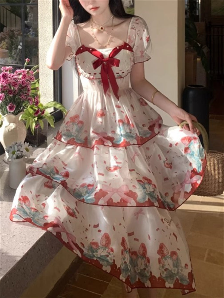 Süßes Chiffonkleid mit quadratischem Ausschnitt und Aufdruck RF0645