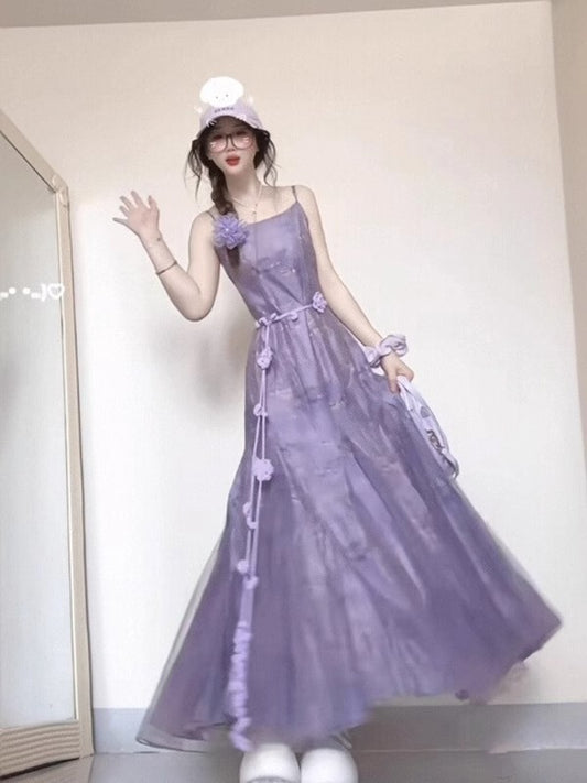 Süßes lila Tüllkleid mit quadratischem Ausschnitt und Spaghettiträgern RF0647