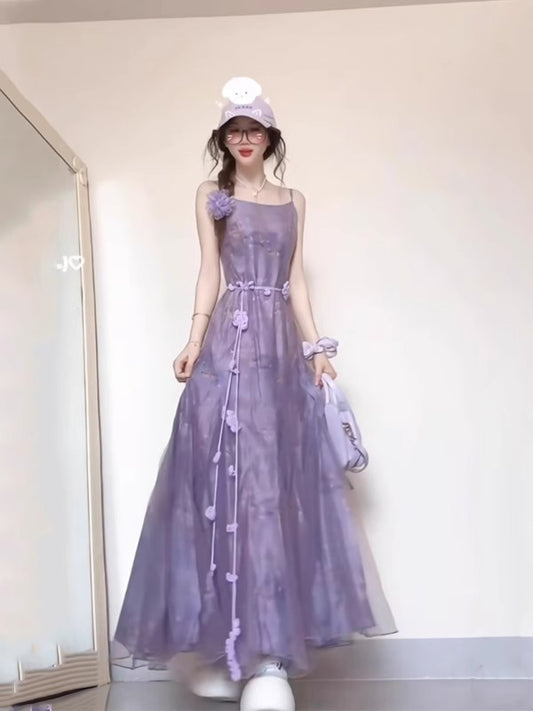 Süßes lila Tüllkleid mit quadratischem Ausschnitt und Spaghettiträgern RF0647