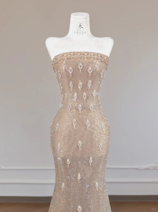 Elegant Yellow Strapless Lace Mermaid Beaded Formal Evening Dress RF0652