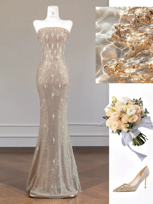 Elegant Yellow Strapless Lace Mermaid Beaded Formal Evening Dress RF0652