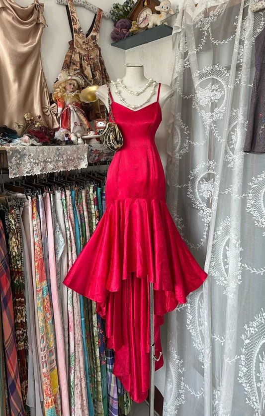 Glam Red Spaghetti Strap Hi-Lo Mermaid Satin Prom Dresses Formal Evening Gowns RF0653