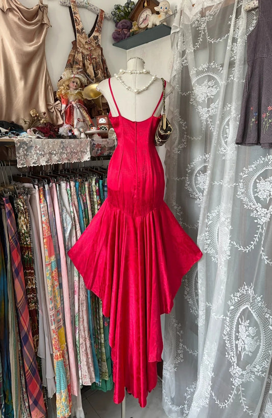 Glam Red Spaghetti Strap Hi-Lo Mermaid Satin Prom Dresses Formal Evening Gowns RF0653