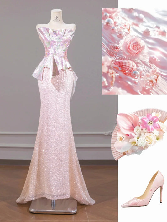 Gorgeous Pink Strapless Tulle Sequin Mermaid Satin Prom Dresses Formal Evening Gowns RF0654
