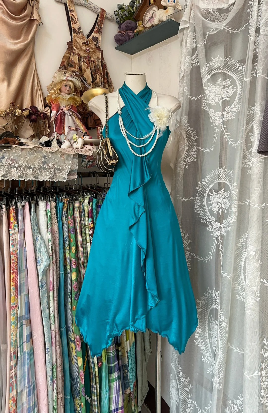 Elegantes, blaugrünes Satin-Neckholder-A-Linien-Kurzballkleid, schlichtes Abendkleid RF0658