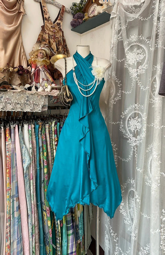 Elegantes, blaugrünes Satin-Neckholder-A-Linien-Kurzballkleid, schlichtes Abendkleid RF0658