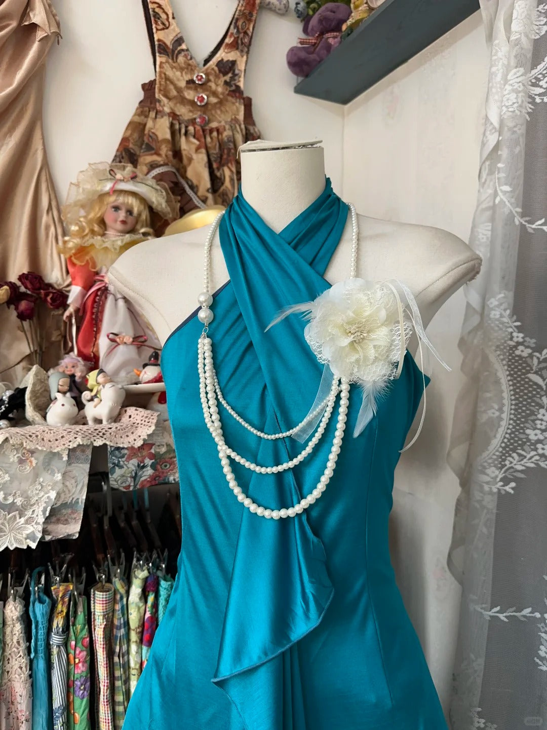 Elegantes, blaugrünes Satin-Neckholder-A-Linien-Kurzballkleid, schlichtes Abendkleid RF0658