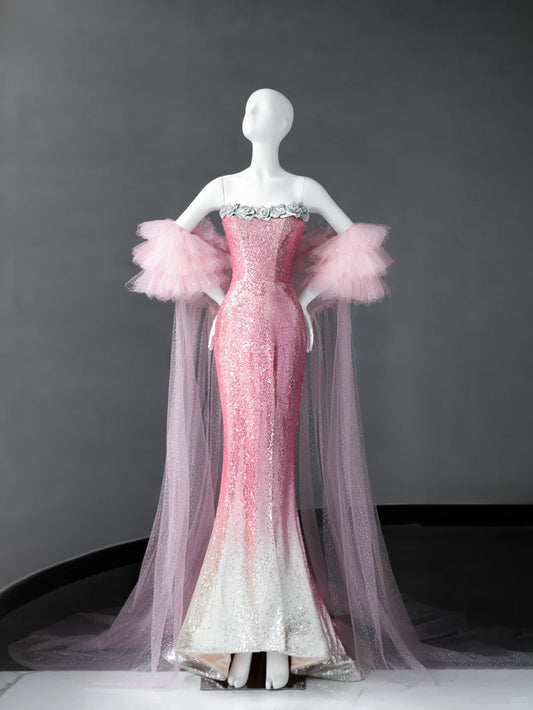 Gorgeous Pink Strapless Mermaid Sequin Long Prom Dresses Formal Evening Gowns RF0659