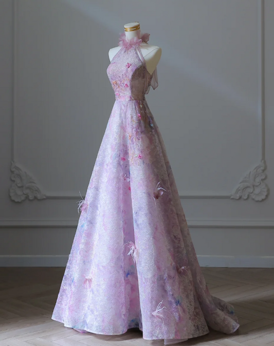 Fairytale Purple Lace Beaded Turtleneck A-Line Long Prom Dresses Formal Evening Gowns RF0661