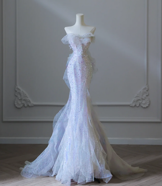 Gorgeous Purple Strapless Tulle Mermaid Sequin Long Prom Dresses Formal Evening Gowns RF0662