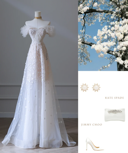 Elegant White Off Shoulder A-Line Tulle Appliques Long Wedding Dresses Formal Evening Gowns RF0666
