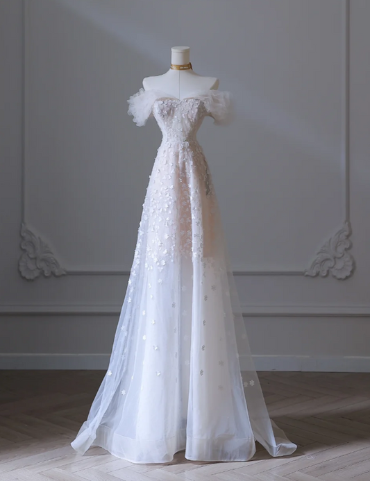 Elegant White Off Shoulder A-Line Tulle Appliques Long Wedding Dresses Formal Evening Gowns RF0666