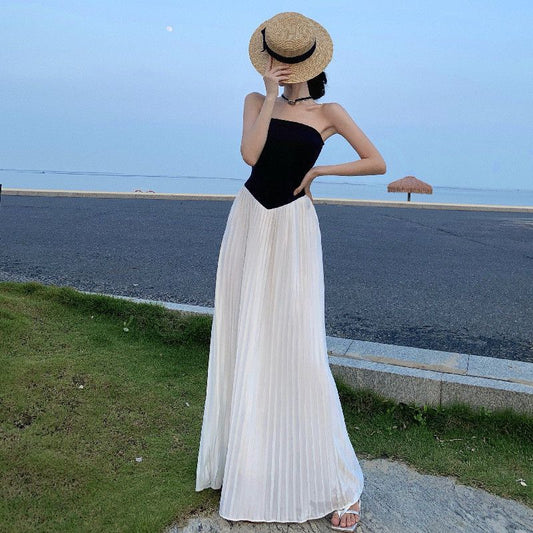 Elegantes trägerloses schwarzes Sommer-Maxikleid im Hepburn-Stil RF0669