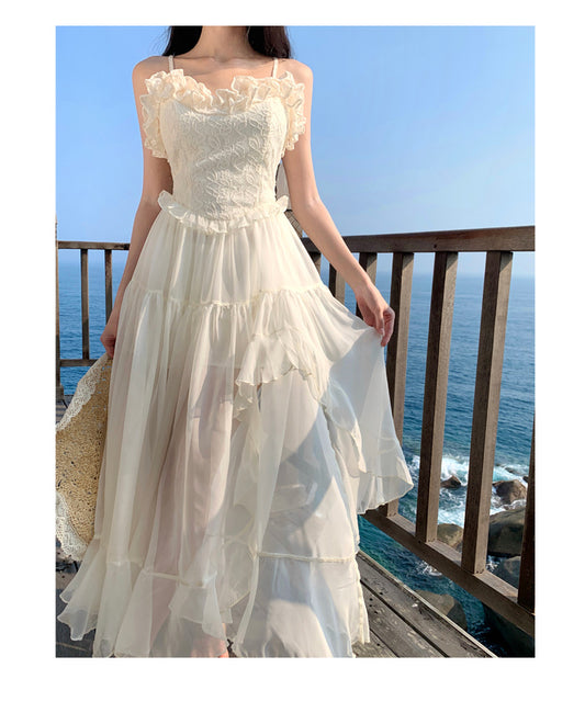 Elegantes französisches Maxikleid mit Trägern in Weiß RF0670