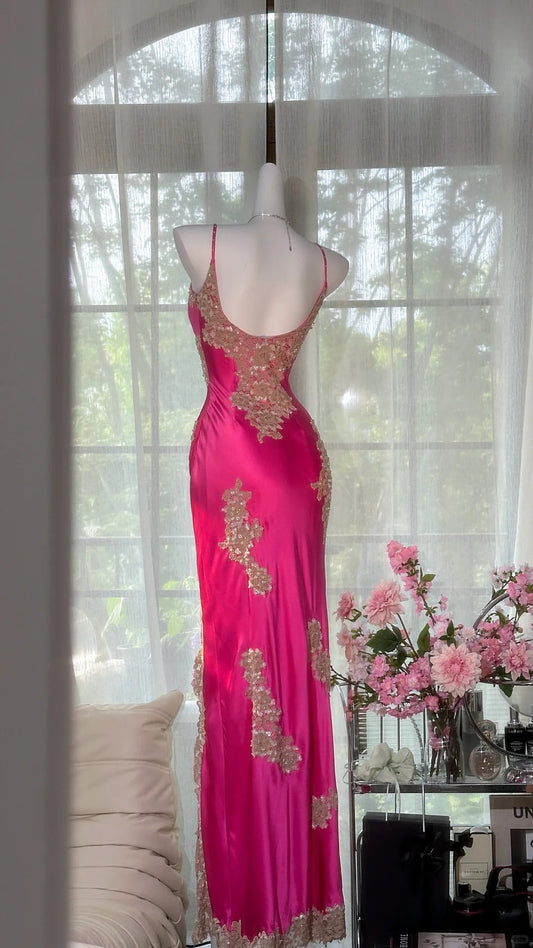 Elegant Hot Pink Spaghetti Strap Sheath Satin Lace Long Porm Dresses Evening Gowns RF0671