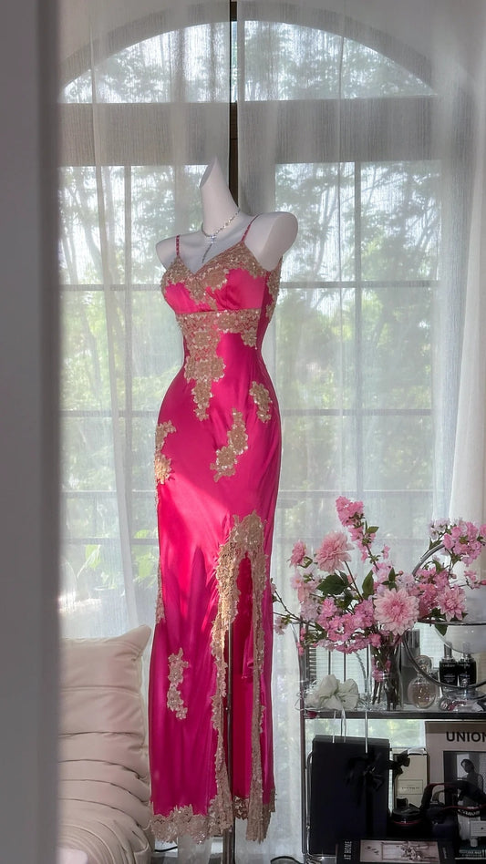 Elegant Hot Pink Spaghetti Strap Sheath Satin Lace Long Porm Dresses Evening Gowns RF0671