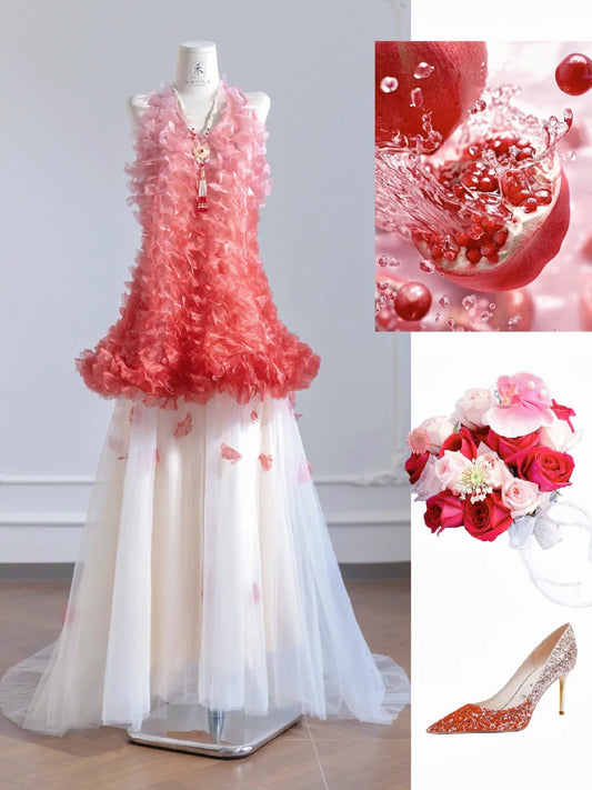 Gorgeous Pink V-neck A-Line Tulle Long Porm Dresses Sweet Evening Gowns RF0673