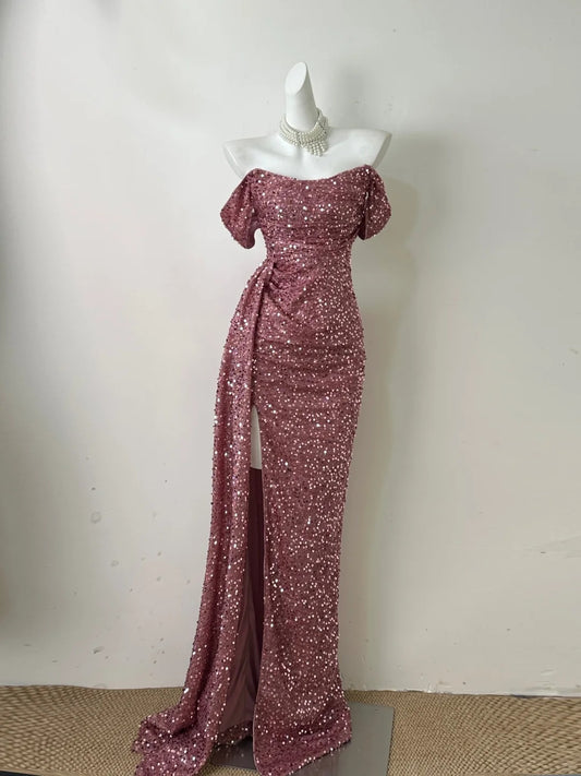 Elegant Pink Off Shoulder Sequin Mermaid Long Porm Dresses Formal Evening Gowns RF0676