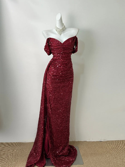 Elegant Pink Off Shoulder Sequin Mermaid Long Porm Dresses Formal Evening Gowns RF0676