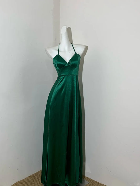 Elegant Green Halter A-line Satin Long Porm Dresses Formal Evening Gowns RF0678