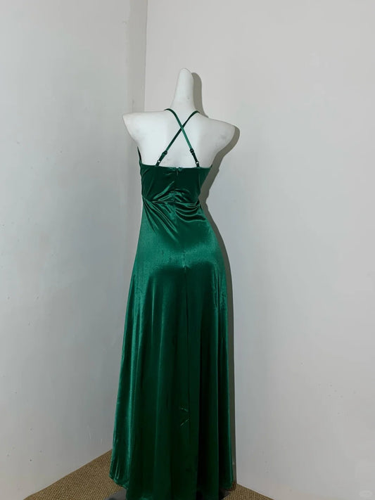 Elegant Green Halter A-line Satin Long Porm Dresses Formal Evening Gowns RF0678
