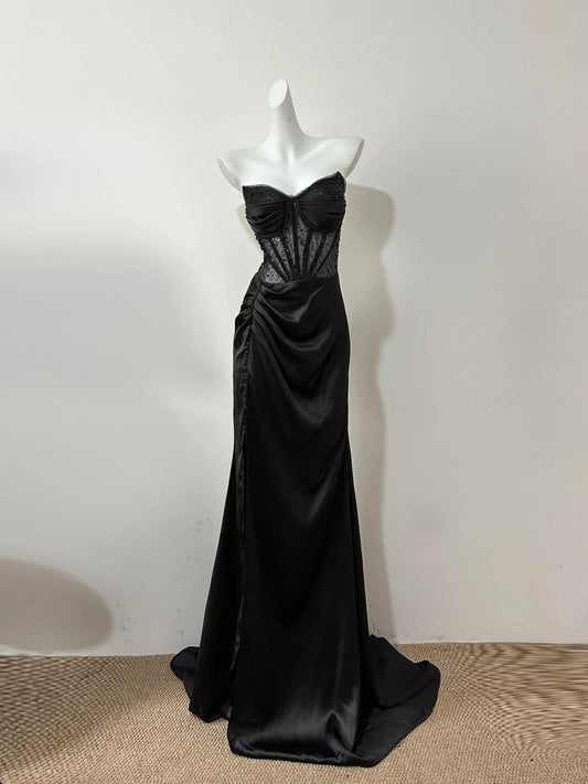 Glam Black Strapless Mermaid Satin Long Porm Dresses Formal Evening Gowns RF0679