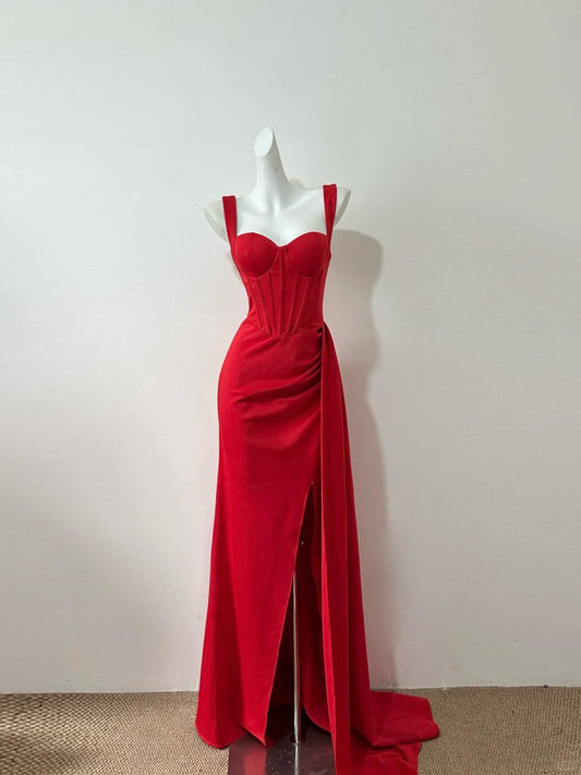 Elegant Red Sweetheart Neck Sheath Satin Long Porm Dresses Formal Evening Gowns RF0681