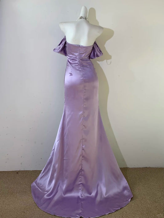 Elegant Purple Off Shoulder Mermaid Satin Long Porm Dresses Formal Evening Gowns RF0683