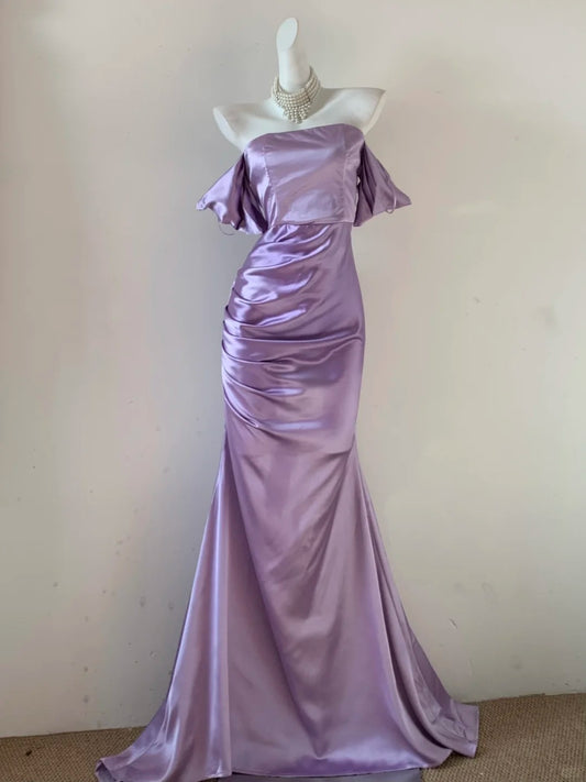 Elegant Purple Off Shoulder Mermaid Satin Long Porm Dresses Formal Evening Gowns RF0683