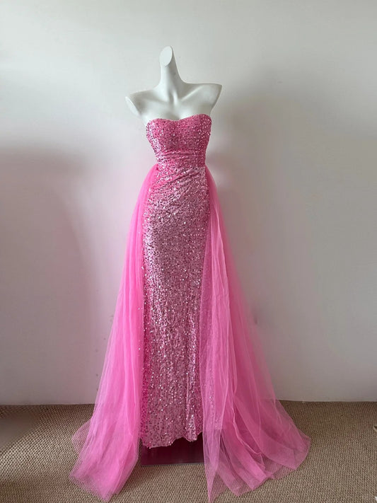 Cute Pink Strapless Mermaid Sequin Long Porm Dresses Formal Evening Gowns RF0684