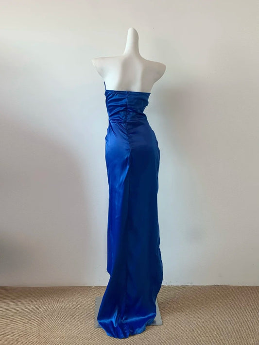 Glam Blue Strapless Sheath Satin Porm Dresses Formal Evening Gowns RF0686