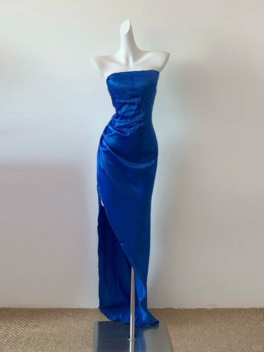 Glam Blue Strapless Sheath Satin Porm Dresses Formal Evening Gowns RF0686