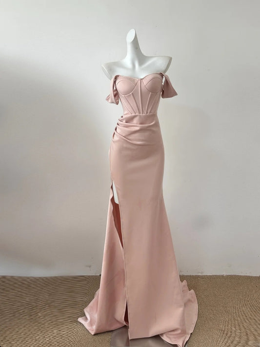 Elegant Off Shoulder Pink Mermaid Satin Porm Dresses Formal Evening Gowns RF0687