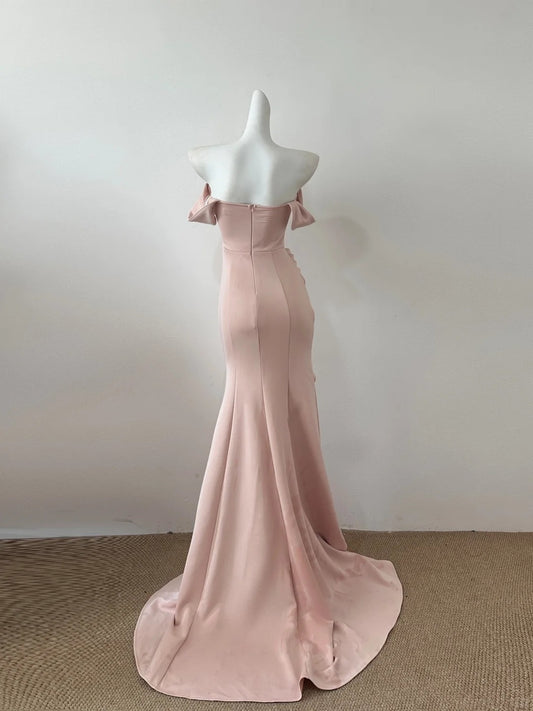 Elegant Off Shoulder Pink Mermaid Satin Porm Dresses Formal Evening Gowns RF0687