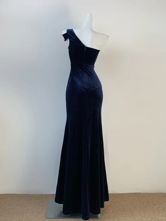 Elegant Navy Blue One Shoulder Mermaid Velvet Long Prom Dresses Formal Evening Gowns RF0688
