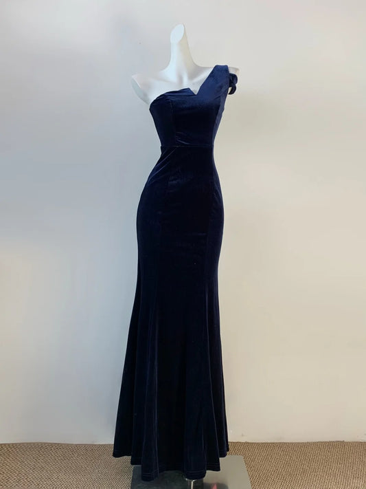 Elegant Navy Blue One Shoulder Mermaid Velvet Long Prom Dresses Formal Evening Gowns RF0688