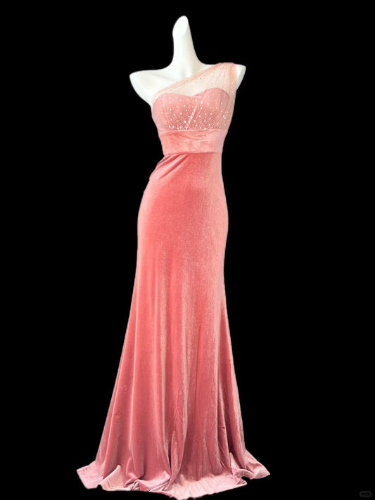 Elegant Peach One Shoulder Mermaid Velvet Long Prom Dresses Formal Evening Gowns RF0692