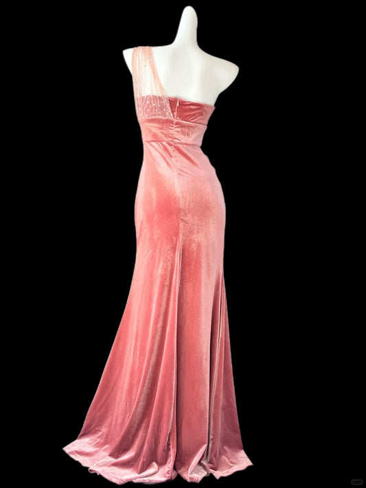 Elegant Peach One Shoulder Mermaid Velvet Long Prom Dresses Formal Evening Gowns RF0692
