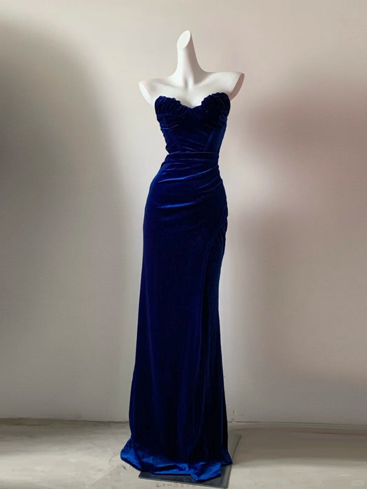 Glam Dark Royal Blue Strapless Mermaid Velvet Long Prom Dresses Formal Evening Gowns RF0694