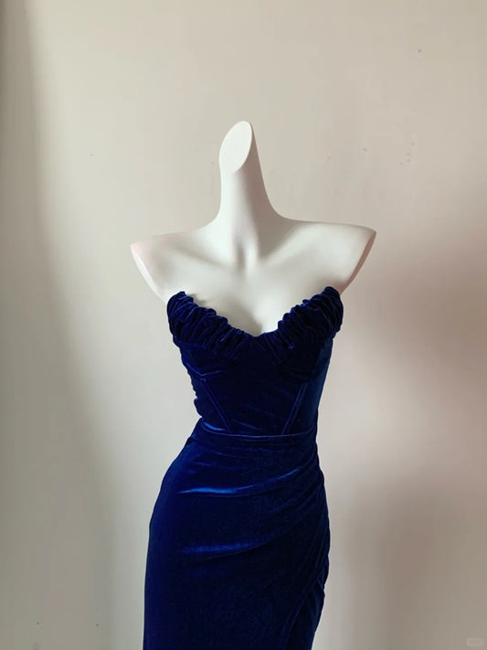 Glam Dark Royal Blue Strapless Mermaid Velvet Long Prom Dresses Formal Evening Gowns RF0694