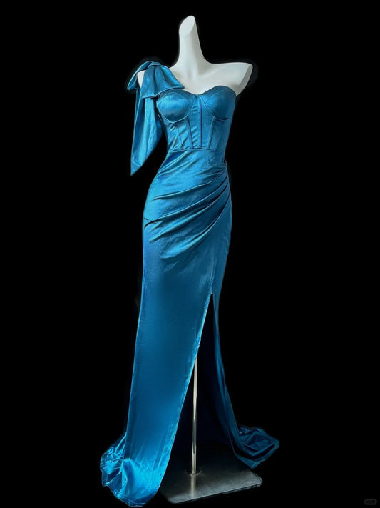 Gorgeous Blue One Shoulder Bodycon Satin Slit Long Prom Dresses Formal Evening Gowns RF0695