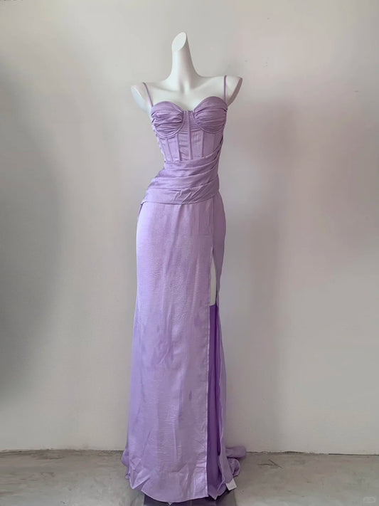 Gorgeous Purple Spaghetti Straps Bodycon Satin Prom Dresses Formal Evening Gowns RF0698