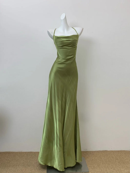 Chic Olive Green Spaghetti Straps Backless Mermaid Satin Long Prom Dresses Formal Evening Gowns RF0701