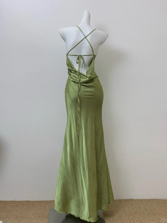 Chic Olive Green Spaghetti Straps Backless Mermaid Satin Long Prom Dresses Formal Evening Gowns RF0701