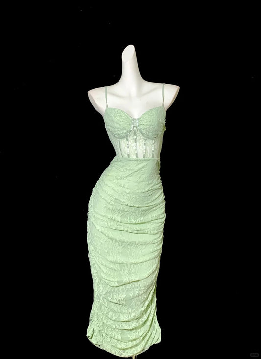 Süßes Hellgrünes Spaghettiträger-Bodycon-Spitzen-Kurzabendkleid Homecoming-Kleid RF0703