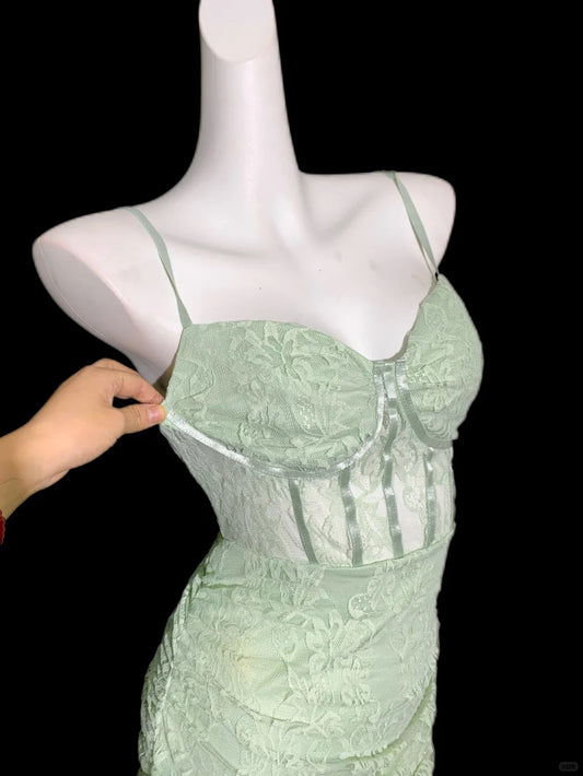 Süßes Hellgrünes Spaghettiträger-Bodycon-Spitzen-Kurzabendkleid Homecoming-Kleid RF0703