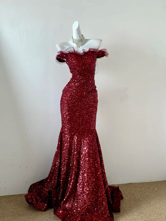 Gorgeous Burgundy Off-shoulder Mermaid Sequin Formal Evening Dresses Gowns Prom Dresses RF0706