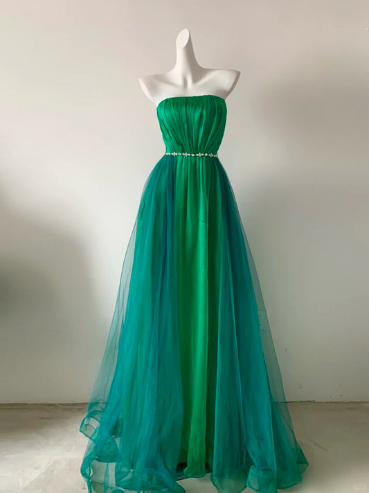 Glam Green Strapless A-Line Satin Formal Evening Dresses Gowns Prom Dresses RF0707