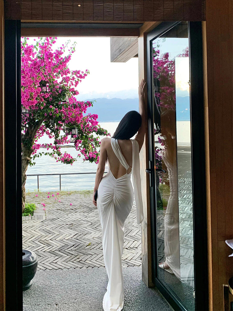 Elegantes weißes One-Shoulder-Bodycon-Satinkleid RF0709